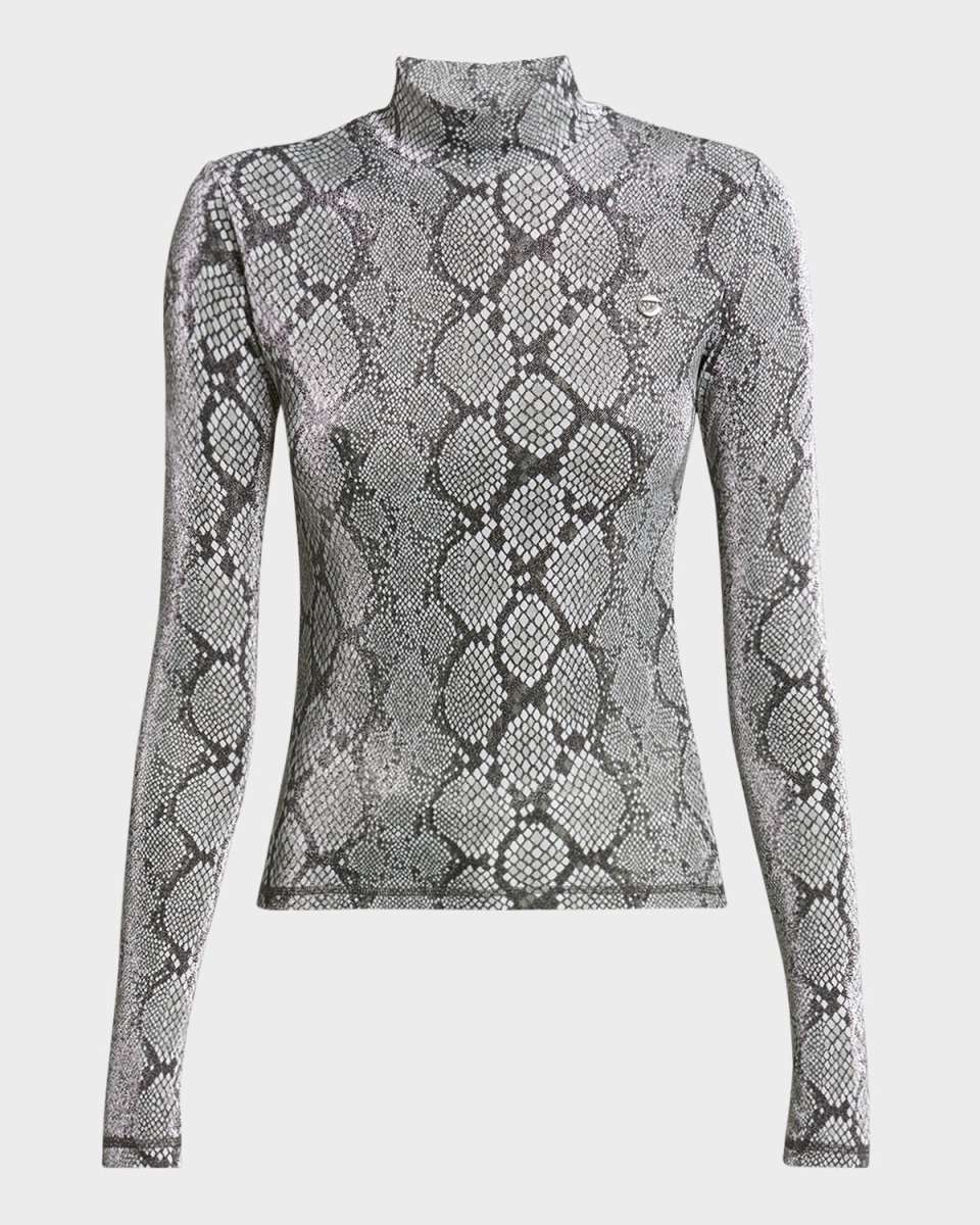 Mock-Neck Metallic Snakeskin-Print Top